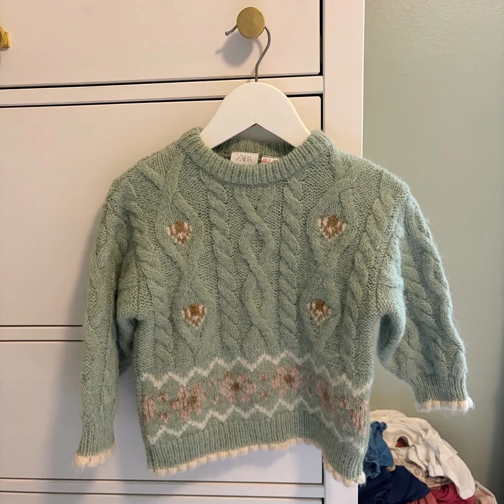 Zara Kids Sea Green Jacquard Cable Knit Sweater 18-24 Months